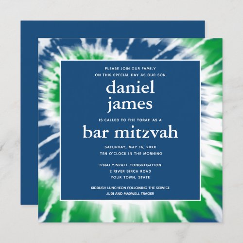 Blue and Green Tie Dye Bar Mitzvah Square Invitation