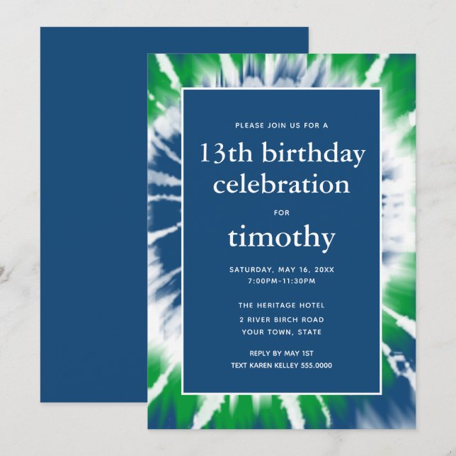 Blue and Green Tie Dye Birthday Invitation (Front/Back)