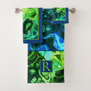 Blue and green tie dye marble pattern and monogram bath towel set