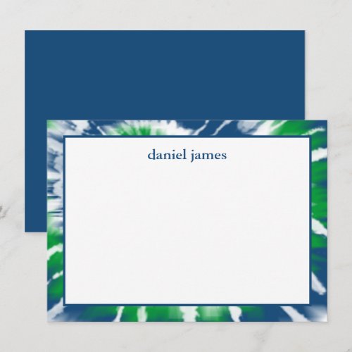 Blue and Green Tie Dye Personalized Flat Note Card