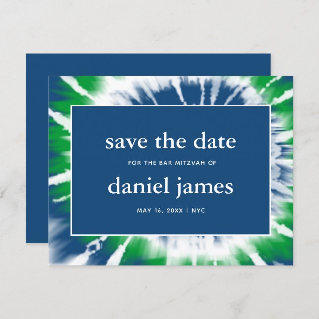 Blue and Green Tie Dye Save the Date Announcement (Front/Back)