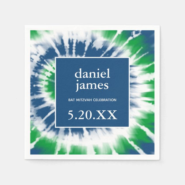 Blue and Green Tie Dye Spiral Personalized Party Napkins (Front)