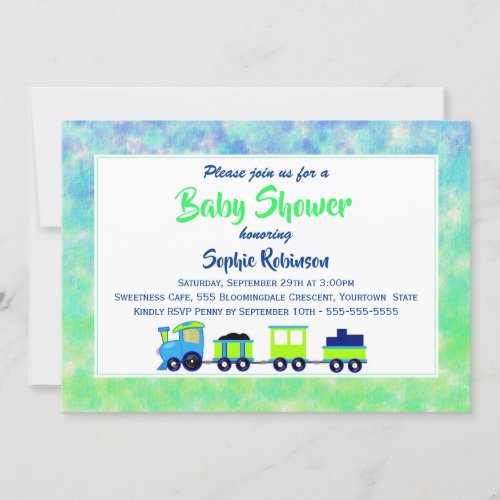Blue and Green Toy Train Watercolor Baby Shower Invitation