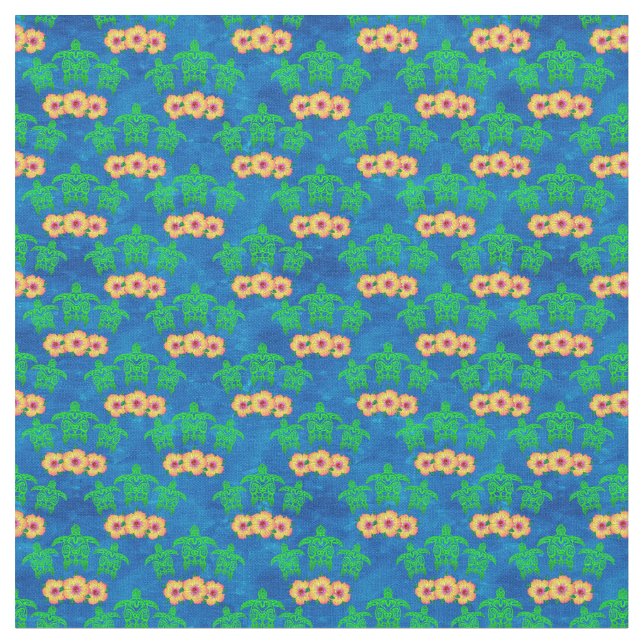 Blue and Green Tribal Green Sea Turtles Fabric (Close Up)