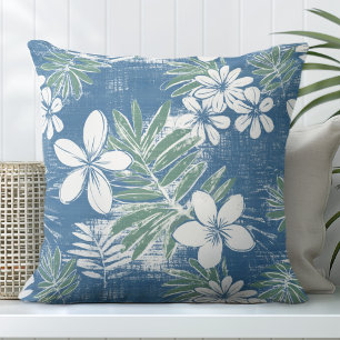 Blue and Green Tropical Flowers Throw Pillow