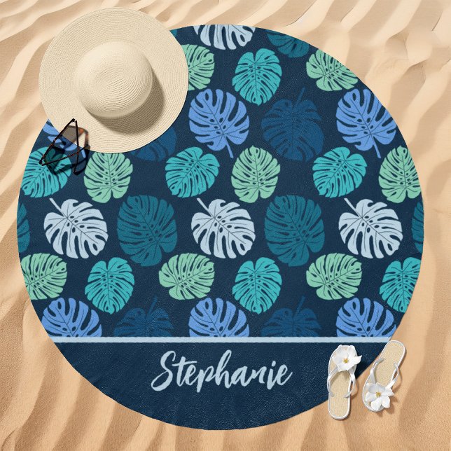 Blue and Green Tropical Monstera Leaf Custom Name Beach Towel (Creator Uploaded)