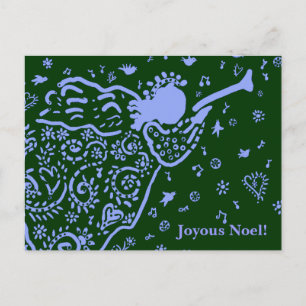 Blue and green trumpet angel postcard