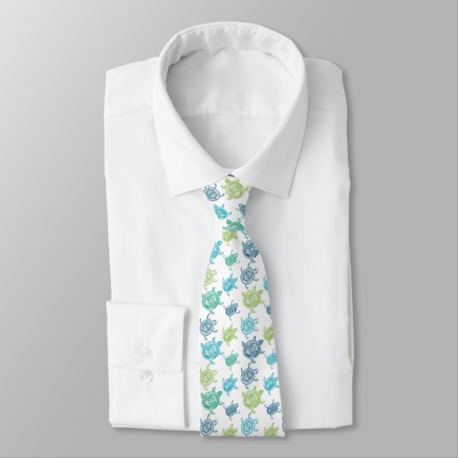 Blue And Green Turtles Pattern Tie (Tied)