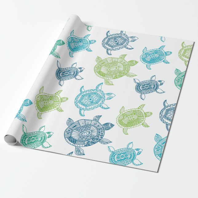 Blue and Green Turtles Wrapping Paper (Unrolled)