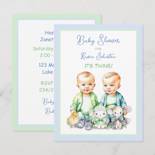 Blue and Green Twin Boys Baby Shower Invitations (Front/Back)