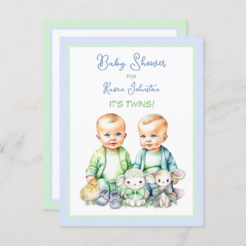 Blue and Green Twin Boys Baby Shower Invitations