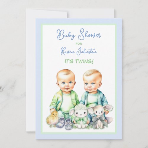 Blue and Green Twin Boys Baby Shower Invitations