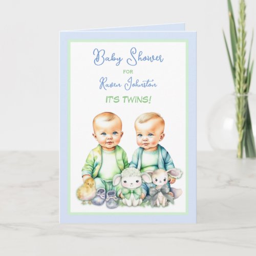 Blue and Green Twin Boys Baby Shower Invitations