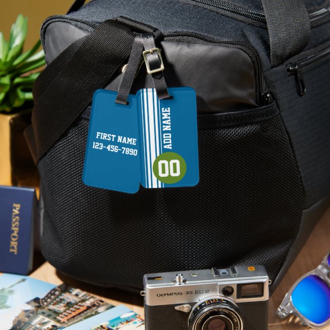 Blue and Green Vintage Racing Stripes Luggage Tag (Front & Back)