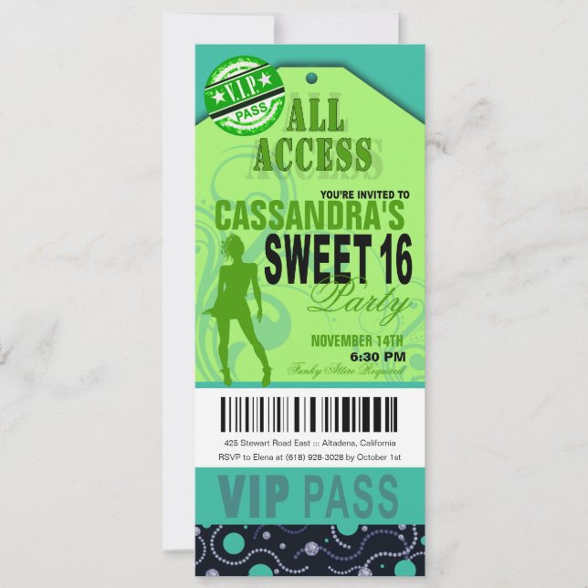 Blue and Green VIP Sweet 16 Ticket Party Invitation (Front)