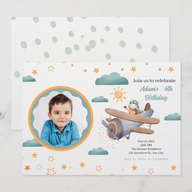 Blue and Green Watercolor Airplane birthday Invitation (Front/Back)