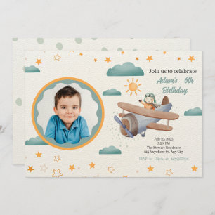 Blue and Green Watercolor Airplane birthday Invitation