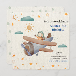 Blue and Green Watercolor Airplane Pilot Baby Invitation