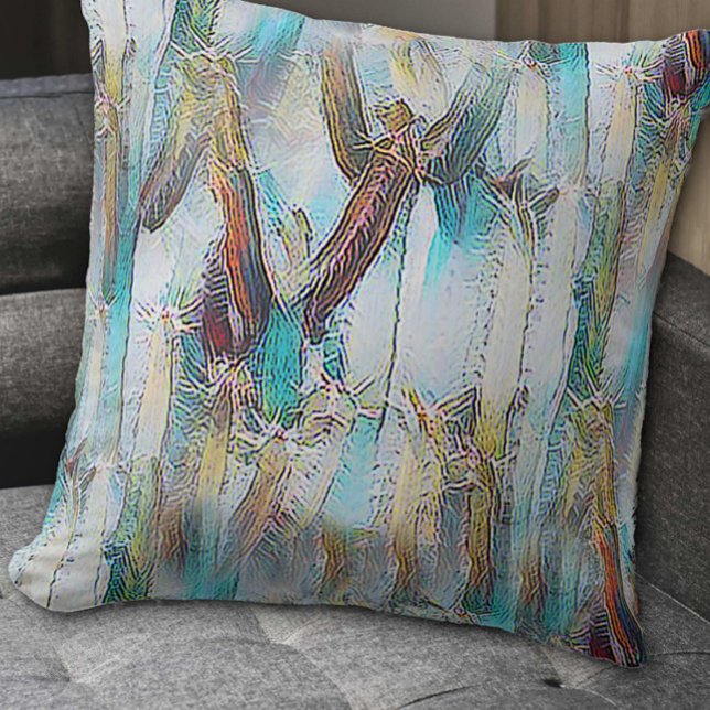 Blue and Green Watercolor Cactus Nature Pattern Throw Pillow (Creator Uploaded)