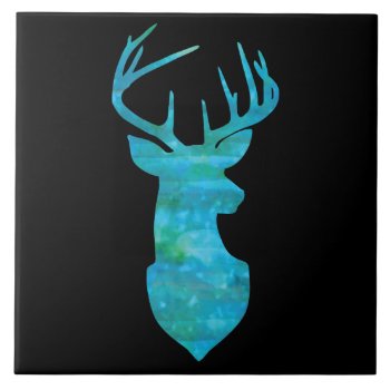 Blue And Green Watercolor Deer Trophy Art Ceramic Tile by CandiCreations at Zazzle