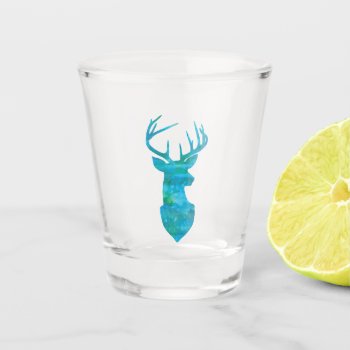 Blue And Green Watercolor Deer Trophy Art Latte Mu Shot Glass by CandiCreations at Zazzle