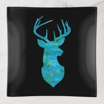 Blue And Green Watercolor Deer Trophy Art Trinket Tray by CandiCreations at Zazzle