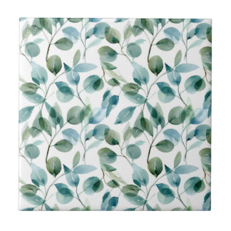 Blue and Green Watercolor Eucalyptus Plants Ceramic Tile