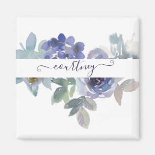 Blue and green watercolor floral personalized magnet