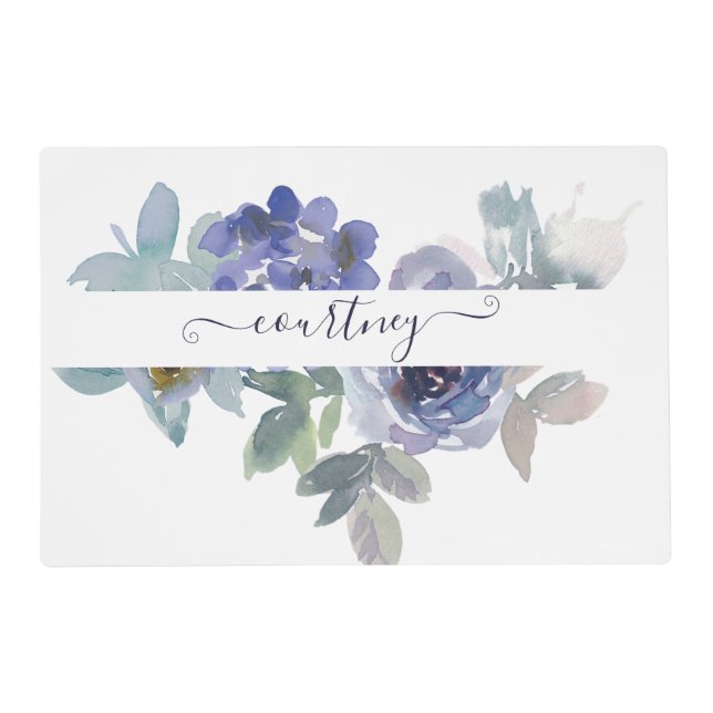 Blue and green watercolor floral personalized  placemat (Front)