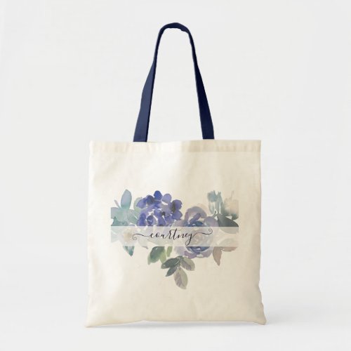 Blue and green watercolor floral personalized  tot tote bag