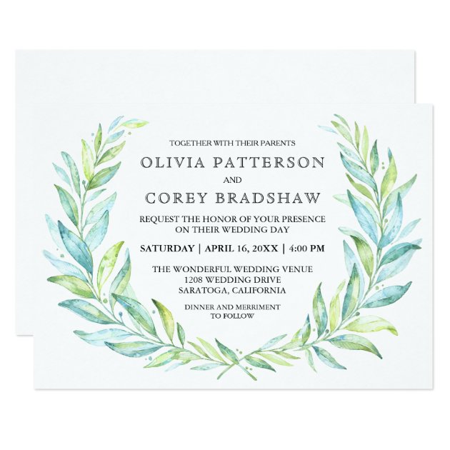 Blue And Green Watercolor Laurel Wreath Wedding Invitation