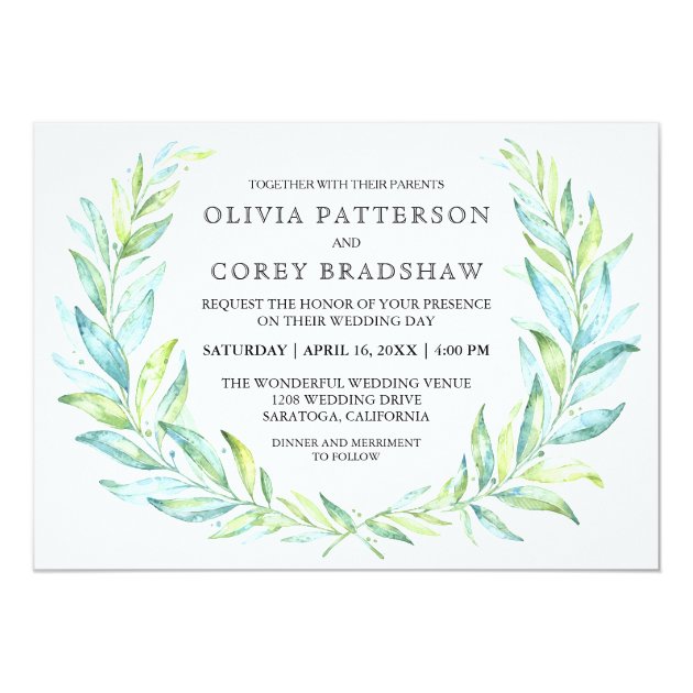 Blue And Green Watercolor Laurel Wreath Wedding Invitation