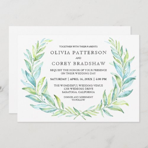 Blue and Green Watercolor Laurel Wreath Wedding Invitation