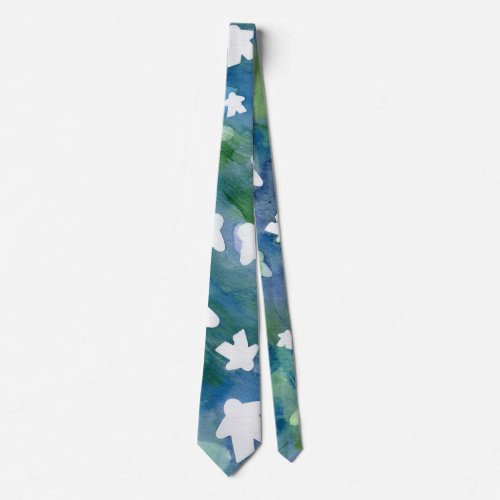Blue and Green Watercolor Meeple Painting Canvas P Neck Tie