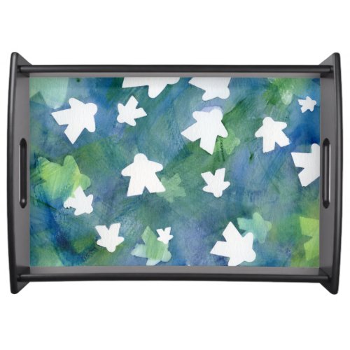 Blue and Green Watercolor Meeple Painting Serving Tray