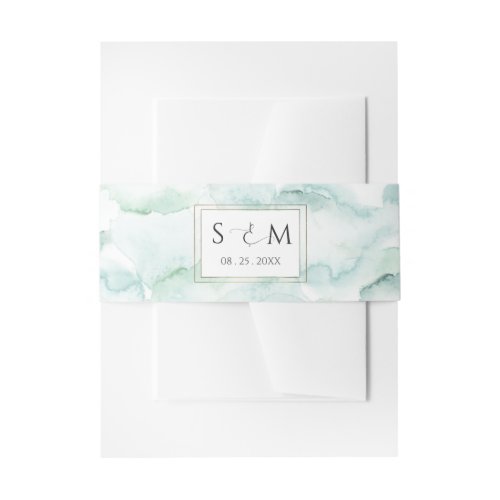 Blue and Green Watercolor Wedding Initials Invitation Belly Band