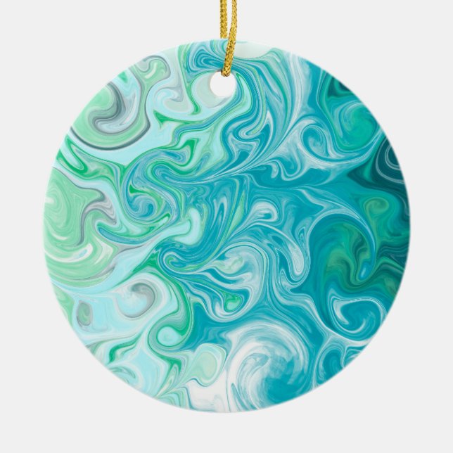 Blue and Green Waves Digital Fluid Art      Ceramic Ornament (Front)