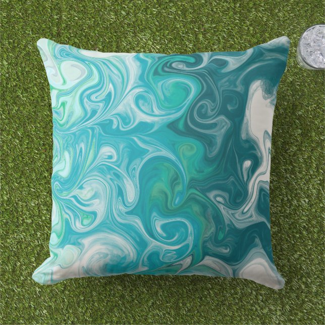 Blue and Green Waves Digital Fluid Art    Outdoor Pillow (Grass)