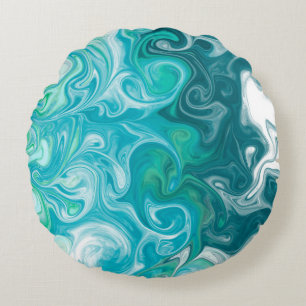 Blue and Green Waves Digital Fluid Art Round Pillow