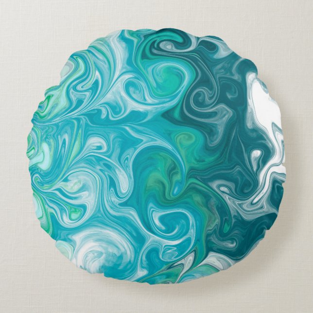 Blue and Green Waves Digital Fluid Art    Round Pillow (Front)