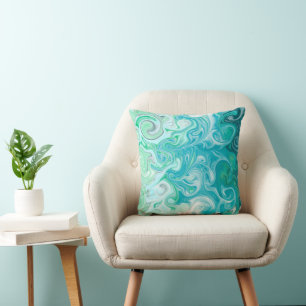 Blue and Green Waves Digital Fluid Art Throw Pillow