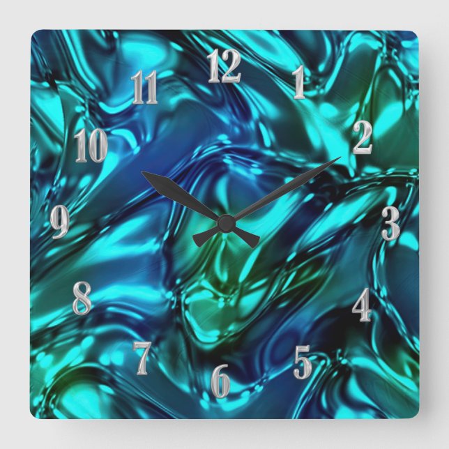 Blue and Green Wavy Metallic Look Square Wall Clock (Front)