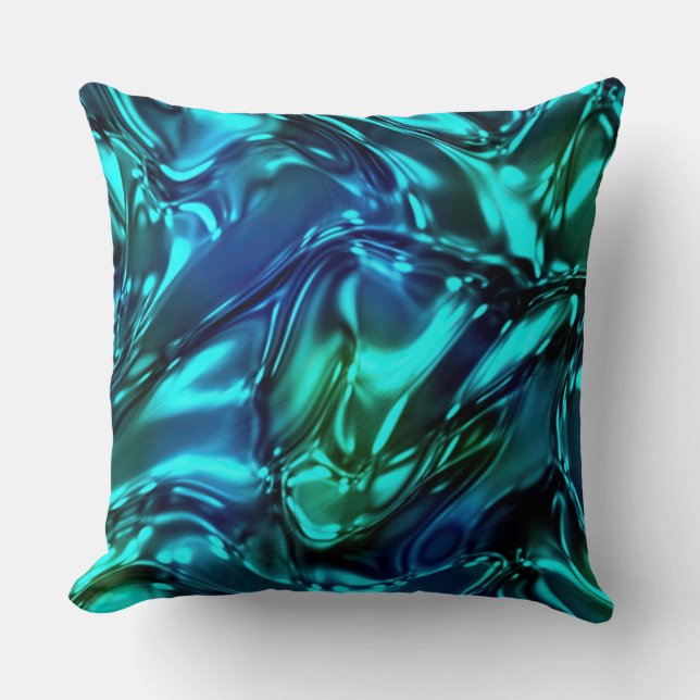 Blue and Green Wavy Metallic Look Throw Pillow (Front)