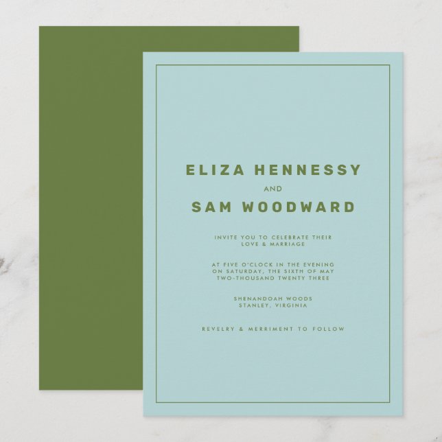 Blue and Green Wes Anderson Inspired Wedding Invitation (Front/Back)