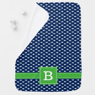 Blue and Green Whimsical Whales Pattern Monogram Stroller Blanket