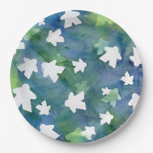 Blue and Green White Board Game Meeple Pattern Paper Plates