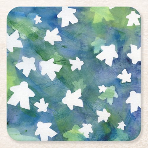 Blue and Green White Board Game Meeple Pattern Square Paper Coaster