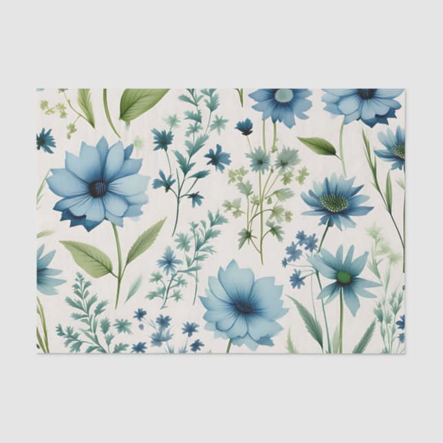 Blue And Green Wildflowers Botanical Tissue Paper (Front)