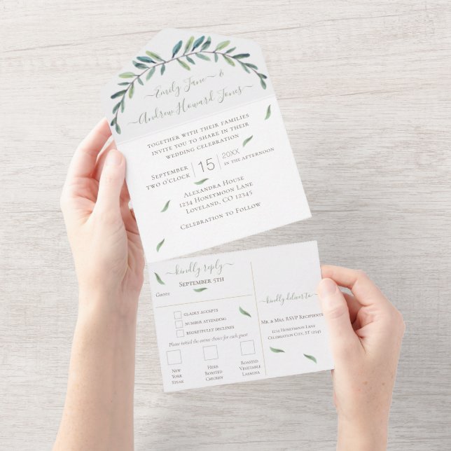 Blue and Green Wreath Leaves Wedding All In One In All In One Invitation (Tearaway)
