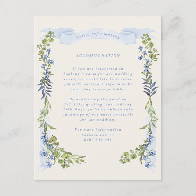 blue and greenery garden crest wreath wedding enclosure card (Front)